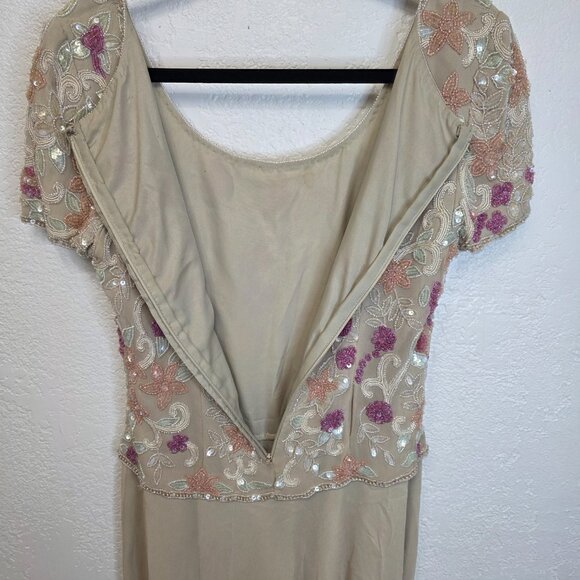 Vintage Beaded Beige Dress Floral Embellished Swing Midi No Tags - Picture 8 of 12